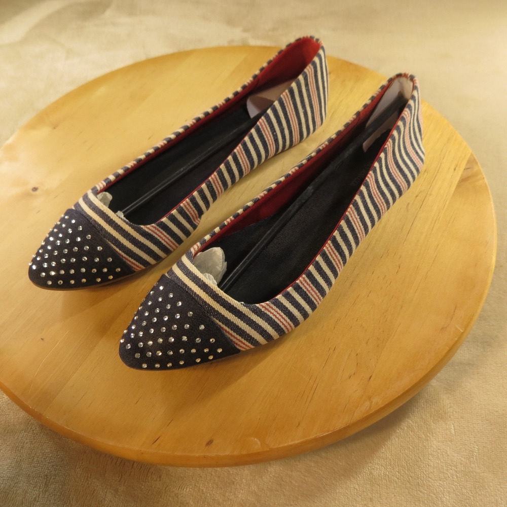 Style & Co Flats Womens 7.5 Blue Striped Rhinestone Pointed Toe Aliveblue